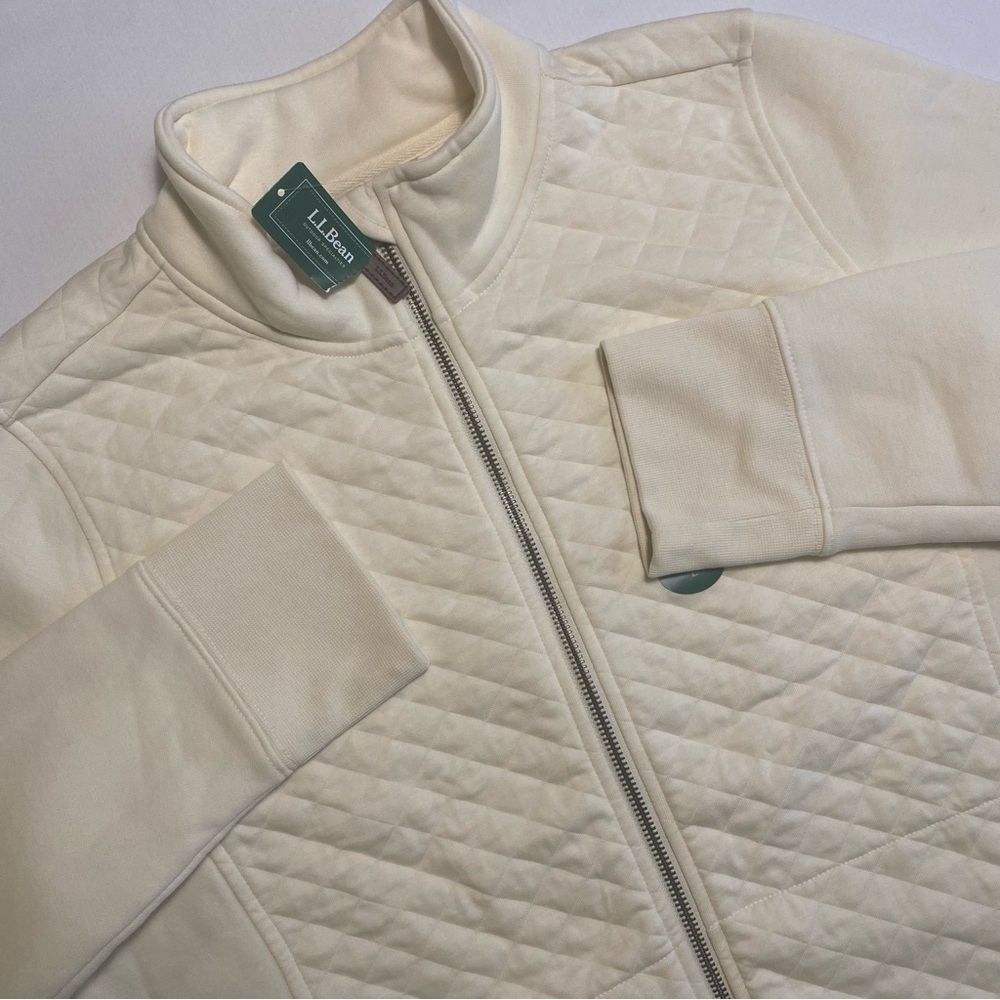 LL Bean Quilted Full Zip Sweatshirt Women L Cream Hiking Church Lifestyle Fleece